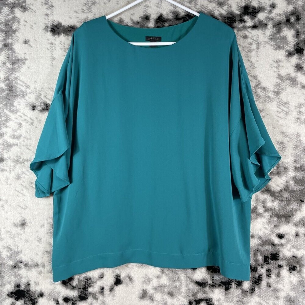 J Jill Wearever Blouse Womens Size PL Blue Green Polyester Lined Wide Sleeve